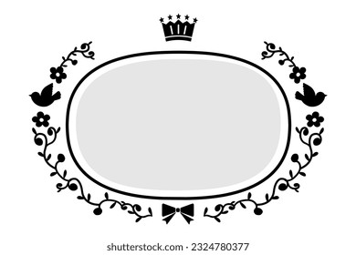 Cute frame with line drawings of plants and crowns.