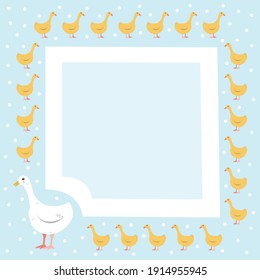 Cute frame of little chicks and a white goose on a blue background. Design of children's photo albums, notebooks, paper for writing. Vector illustration.