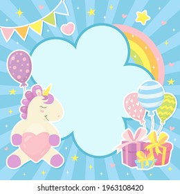 Cute frame with little unicorn, rainbow, gifts, baloons. Cartoon character for children's invitation, card, poster, print. Space for text or photo. Birthday template in pastel colors. Vector