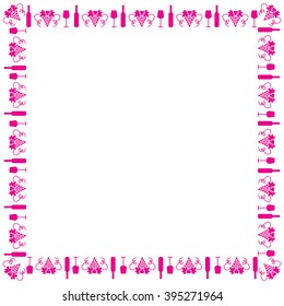 Cute frame made of colored bunch of grapes, bottle of wine, wine glass arranged in a square on white background