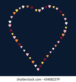 Cute frame made of colored hearts arranged in a heart shape on a dark blue background. Vector illustration for your design.