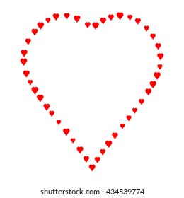 Cute frame made of red hearts arranged in a heart shape on a white background. Vector illustration for your design.