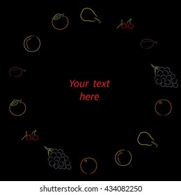 Cute frame made of summer fruits arranged in a circle on a black background. Hand-drawn sketch. Vector illustration for your design.
