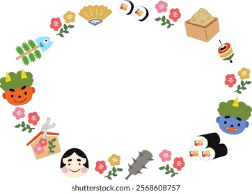 Cute frame material illustration for Setsubun.
Translation: It is a traditional Japanese event to scatter soybeans and pray for good health.