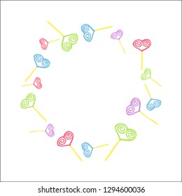 Cute frame of multi-colored hearts in the form of candies on sticks. Use for decoration, greeting cards and wedding attributes.