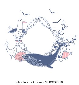 Cute frame in a nautical theme with the whale and seagulls and seashells and fish. Vector.