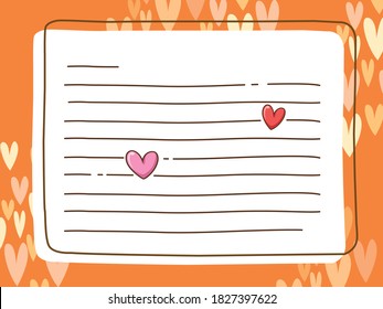 Cute frame on orange heart pattern background. Lines and hearts in red, pink, cute style. Cute cartoon style element decoration. Used for cute forms, notepad pages, writing memos, and picture frames.