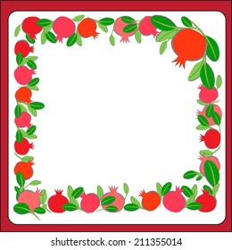Cute frame with pomegranates. Floral background. On red. Vector illustration. For Rosh Hashana, Jewish new year.