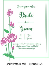 Cute frame with purple flower and green leaves, for decoration of template bride and groom. Vector