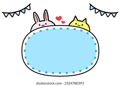A cute frame with a rabbit and a cat peeking out.