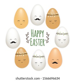 Cute frame of realistic Easter eggs as cartoon characters isolated on white background, vector illustration for your decoration