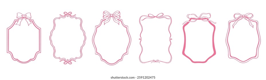 Cute frame with ribbon and bow set. Pink color hand drawn doodle vector illustration. Decorative border.