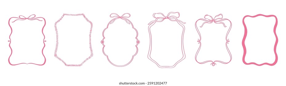 Cute frame with ribbon and bow set. Pink color hand drawn doodle vector illustration. Decorative border.