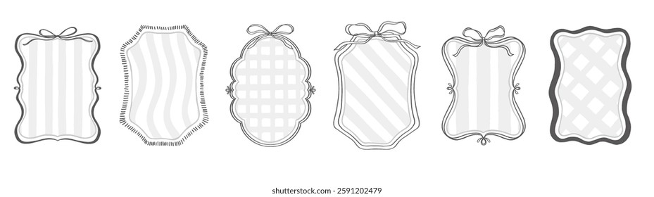 Cute frame with ribbon and bow set. Black and gray color hand drawn doodle vector illustration. Decorative border.