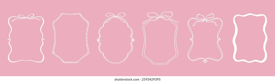 Cute frame with ribbon and bow set. White color hand drawn doodle vector illustration. Decorative border.
