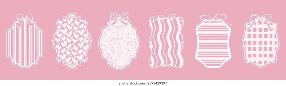 Cute frame with ribbon and bow set. White color hand drawn doodle vector illustration. Decorative border.