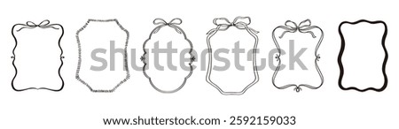 Cute frame with ribbon and bow set. Black color hand drawn doodle vector illustration. Decorative border.