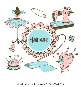 Cute frame with ruffles in Doodle style with a sewing machine and tailor mannequins . Vector.