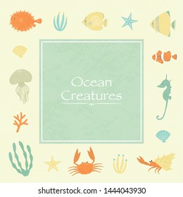 cute frame with sea creatures and fish