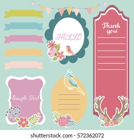 Cute frame set with flowers and birds. Vector illustration