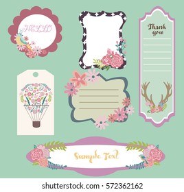 Cute frame set with flowers and birds. Vector illustration