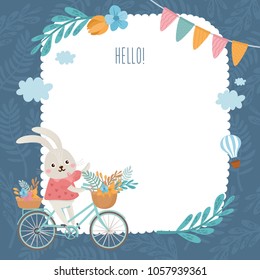 Cute frame with spring flowers, funny rabbits characters on a bike and leaves. Romantic floral composition. Good for spring invitations, banners, greeting card, Birthday party.