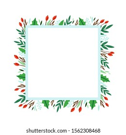 Cute frame with sweets, leaves, mistletoe, brunch, holly berry leaves, berries. White background. Frame with space for design.
