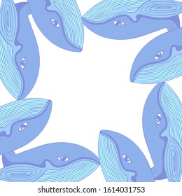 Cute frame template with blue whales and copy space. White background. Doodle hand drawn style illustration. Vector.