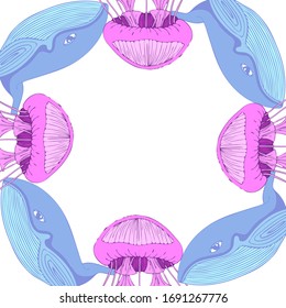 Cute frame template with blue whales, pink jellyfish and copy space. White background. Doodle hand drawn style illustration. Vector.