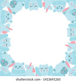 Cute frame template with bunny, panda, unicorn, owl, sheep and copy space. White background. Doodle style illustration. Vector.