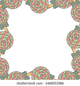 Cute frame template with candy sticks with bow tie and copy space. White background. Doodle style illustration. Vector.