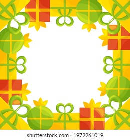 Cute frame template with colorful present boxes with ribbons and bows. White background. Flat style illustration.