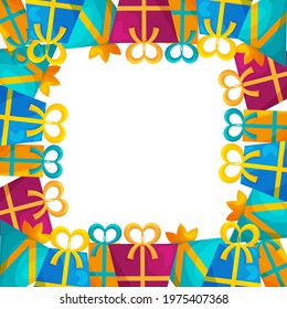 Cute frame template with colorful present boxes with ribbons and bows. White background. Flat style illustration.