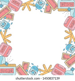 Cute frame template with depilation supplies and copy space. White background. Doodle style illustration. Vector.