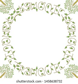 Cute frame template with ficus with green leaves, lettering and copy space. White background. Hand drawn style illustration. Vector.