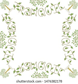 Cute frame template with ficus with green leaves, lettering and copy space. White background. Hand drawn style illustration. Vector.