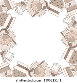 Cute frame template with to go coffee cups, mugs with spoons and saucers pots, glasses and copy space. White background. Flat linear style illustration. Vector.