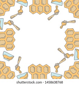 Cute frame template with honeycombs, bowls and sticks and copy space. White background. Doodle style illustration. Vector.