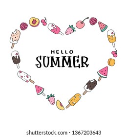 Cute frame template with ice creams desserts, watermelon slice, strawberry, cherry and hand drawn lettering, vector isolated illustration on white background. Good for print design, party poster