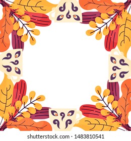 Cute frame template with mugs, autumn leaves and copy space. White background. Flat style illustration. Vector.