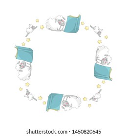 Cute frame template with yellow stars, jumping and reading a book sheep and copy space. White background. Cartoon style illustration. Vector.