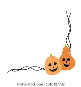 Cute frame with two halloween pumpkins in the corner. black stylish curls on two sides. Best for invitation. Vector isolated on white