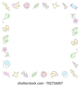 Cute frame with a unicorn, candy, star, cloud. It can be used for cover, invitation, birthday, greeting, unicorn party, child birth, good night and sweet dreams card. Vector