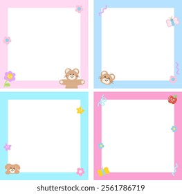 Cute frame vector illustrations with teddy bear, butterfly, flowers, puppy, apple for background, wallpaper, campaign banner, paper design, book cover, animal print, memo note, sticky note, notepads