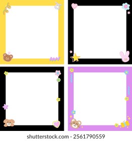 Cute frame vector illustrations with teddy bear, bunny, flowers, puppy for background, wallpaper, campaign banner, paper design, book cover, animal print, memo note, sticky note, notepads, easter