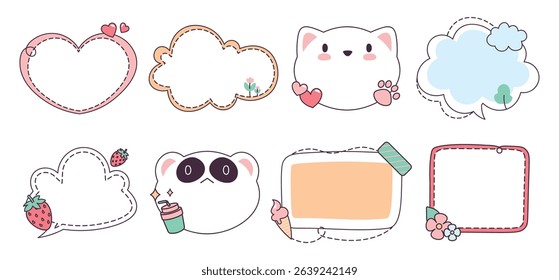 Cute frames with animals faces, funny speech bubbles, childish stitched chat boxes isolated set. Childlike cartoon message borders, whimsical talking clouds doodle design elements vector illustration