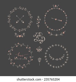 Cute frames hand drawn. Romantic floral design elements 