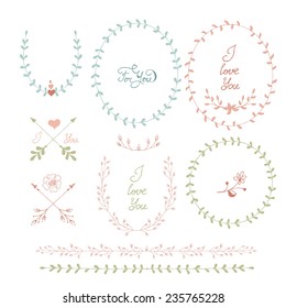 Cute frames hand drawn. Romantic floral design elements 