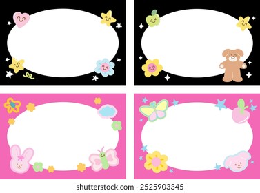 Cute frames with puppy, bunny, butterfly, flowers, heart, star, apple for polaroid frame, banner, back to school, template, social media post, post card, name tag, sticker, zoo, souvenir shop, animal