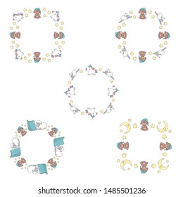 Cute frames templates set with cartoon characters and elements and copy space. White background. Cartoon style illustration. Vector.